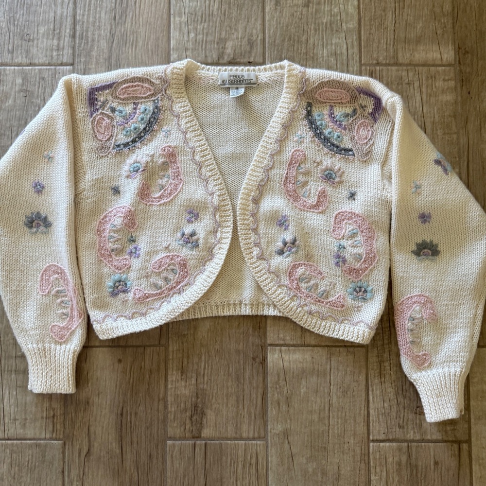 Petite Illustrations Vintage Embroidered Beaded Cropped Cardigan Cream Medium